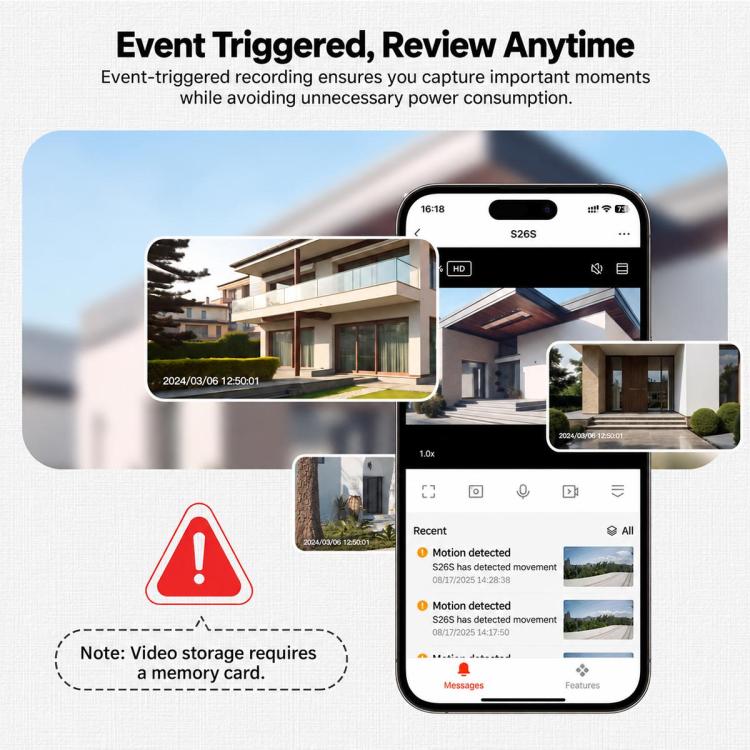 Outdoor WiFi security camera with motion alert app display on smartphone