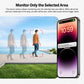 Outdoor WiFi security camera with app showing monitored activity area on phone