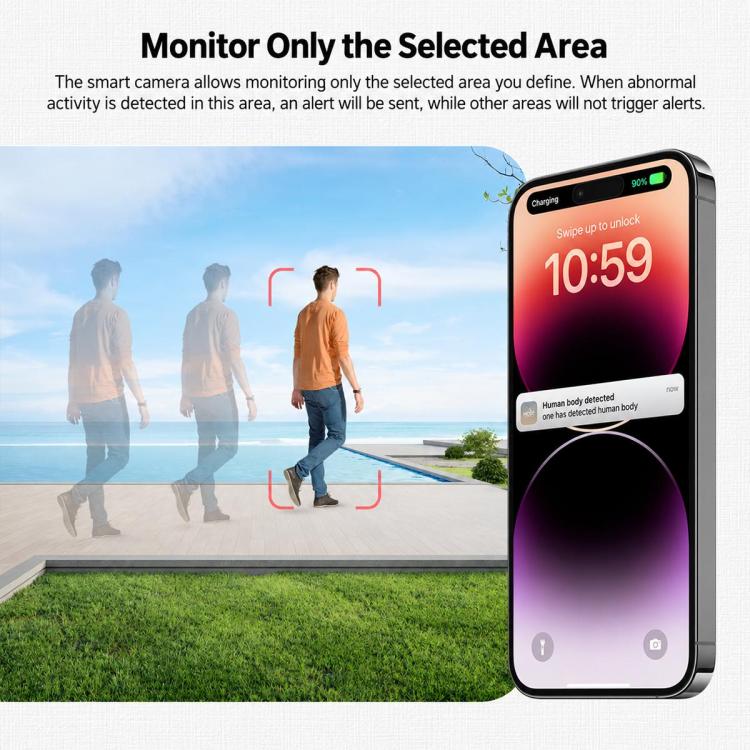 Outdoor WiFi security camera with app showing monitored activity area on phone