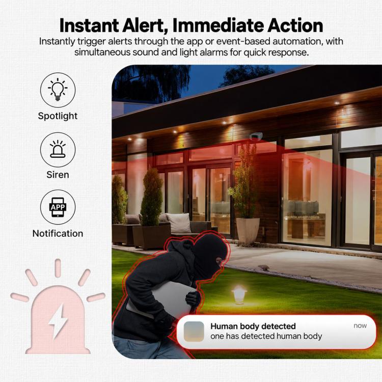 Outdoor security camera with instant alert, spotlight, and siren action indicators