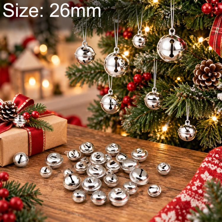 Set of electroplated pet bells, 26mm, silver tone, hanging and loose