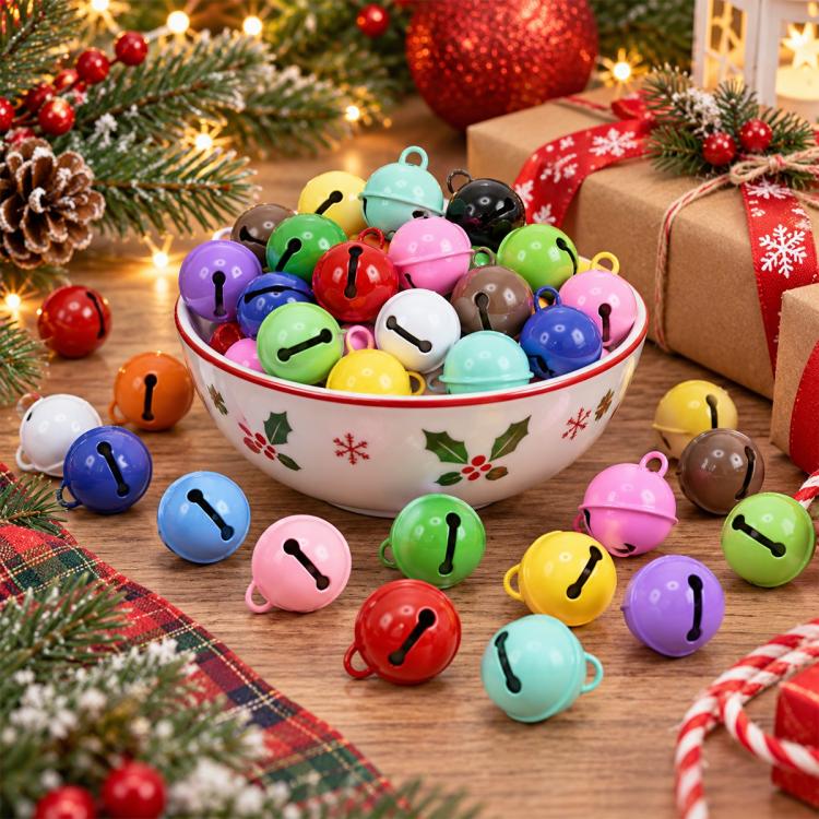 Multi-color painted round bell charms with small top loops in a decorative bowl