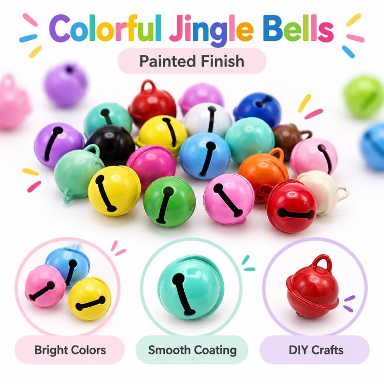 Scattered colorful round bell charms with black clapper tops and hanging loops