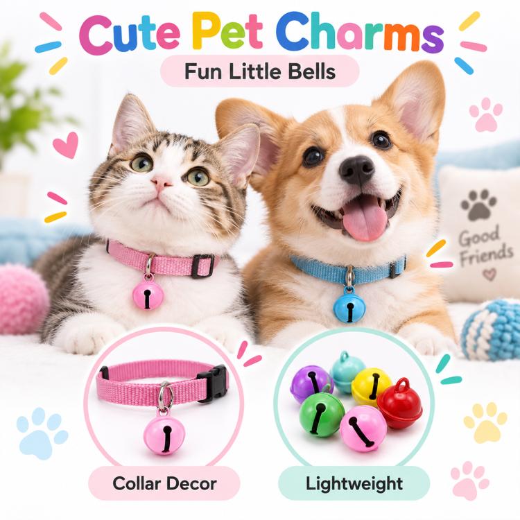 Pet collar bell charms—small round bells with top loops shown on cat and dog
