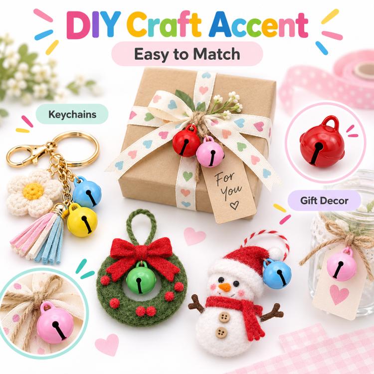 Assorted round bell charms with top loops shown with keychain and craft decor