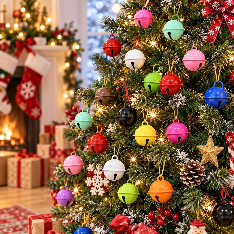 Colorful hanging round bell charms on a Christmas tree with bright string lights