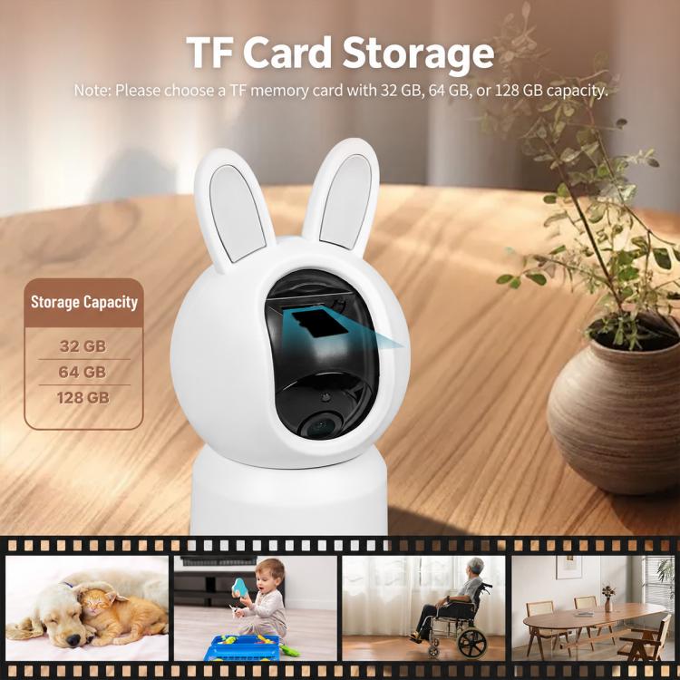 White baby monitor camera unit with bunny ears, showing TF card storage capacity