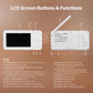 White baby monitor LCD screen with labeled buttons and rear panel function points