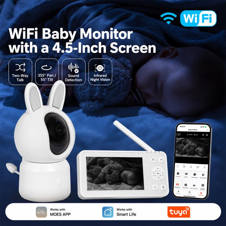 White WiFi baby monitor set with rabbit camera and 4.5-inch screen, WiFi branding