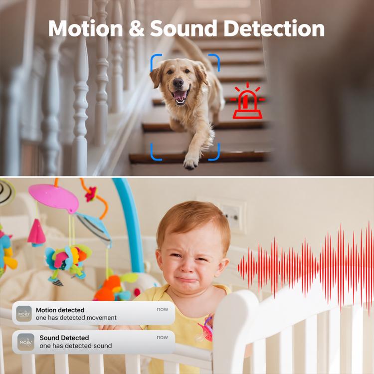 WiFi baby monitor detecting motion and sound, with rabbit camera and screen alerts