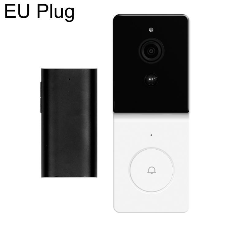 Black and white smart WiFi video doorbell camera with EU plug and two-way audio.