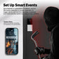 Smart doorbell camera and phone setup screen with event automation options