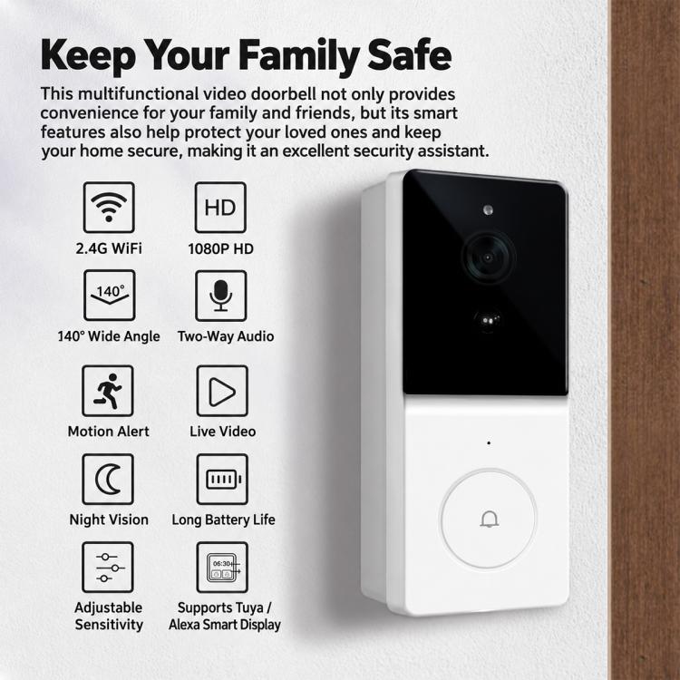 Smart WiFi video doorbell camera mounted on a wall with a round doorbell button.