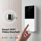 Smart WiFi video doorbell camera on wall with finger pressing the round doorbell button.