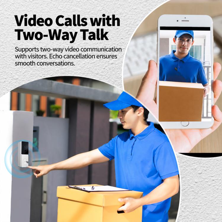 Smart WiFi video doorbell camera with a delivery hand-off scenario and phone two-way talk.