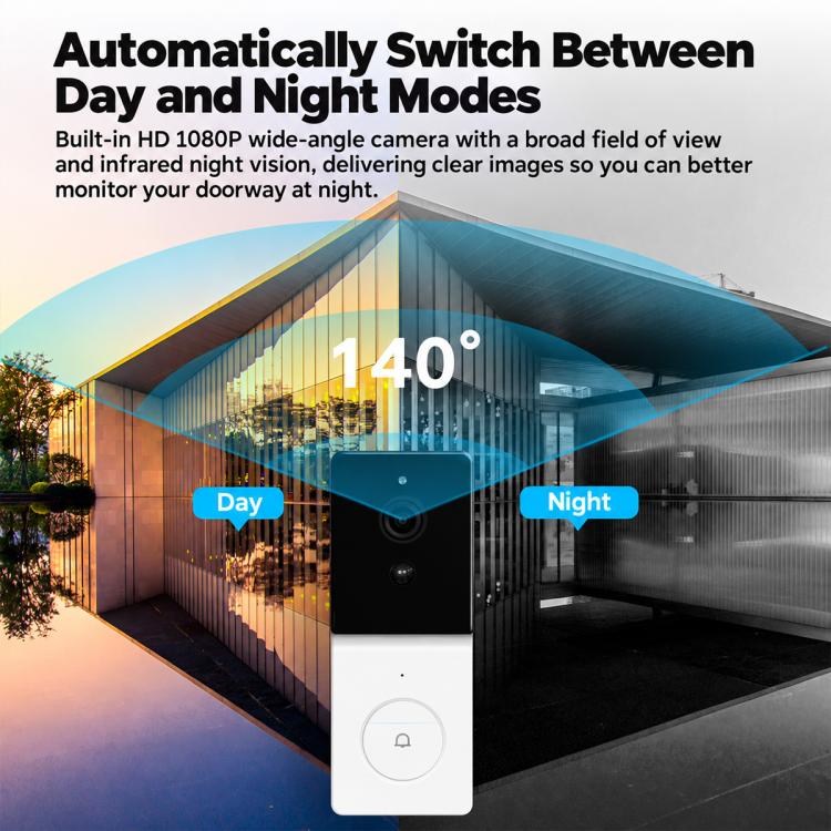 Outdoor smart video doorbell camera mounted on wall, day and night night-vision view