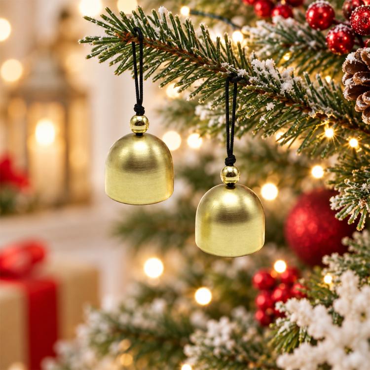 Two gold-tone metal wind chime bell ornaments with black hanging cords.