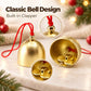 Gold metal bell ornaments with built-in clapper, shown with red hanging cords