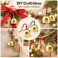 Gold metal bell ornaments with red cords shown in a DIY craft ideas display