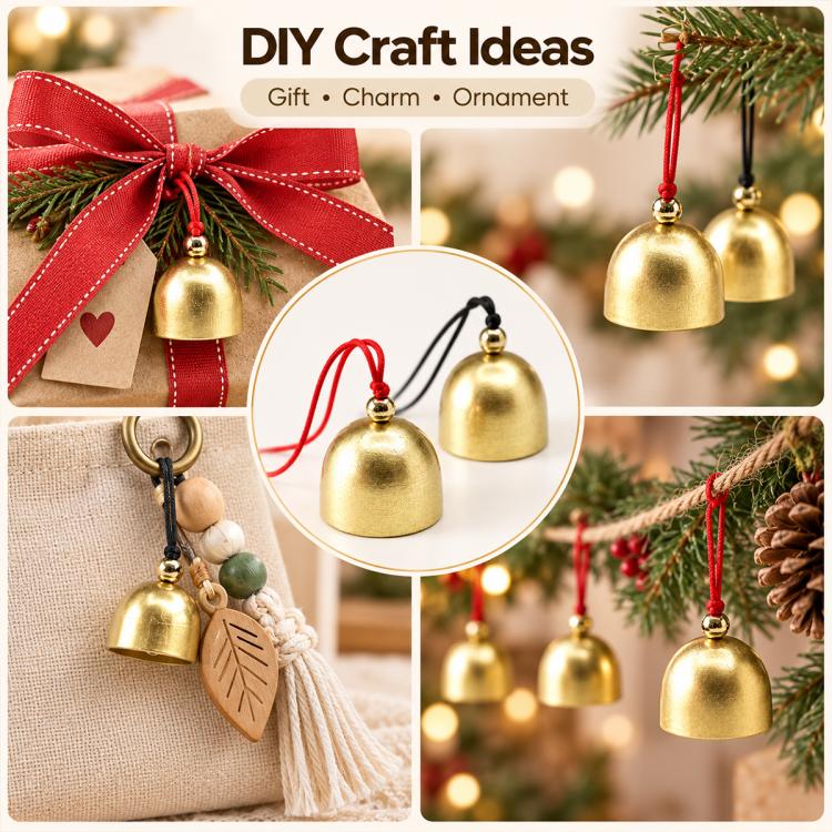 Gold metal bell ornaments with red cords shown in a DIY craft ideas display