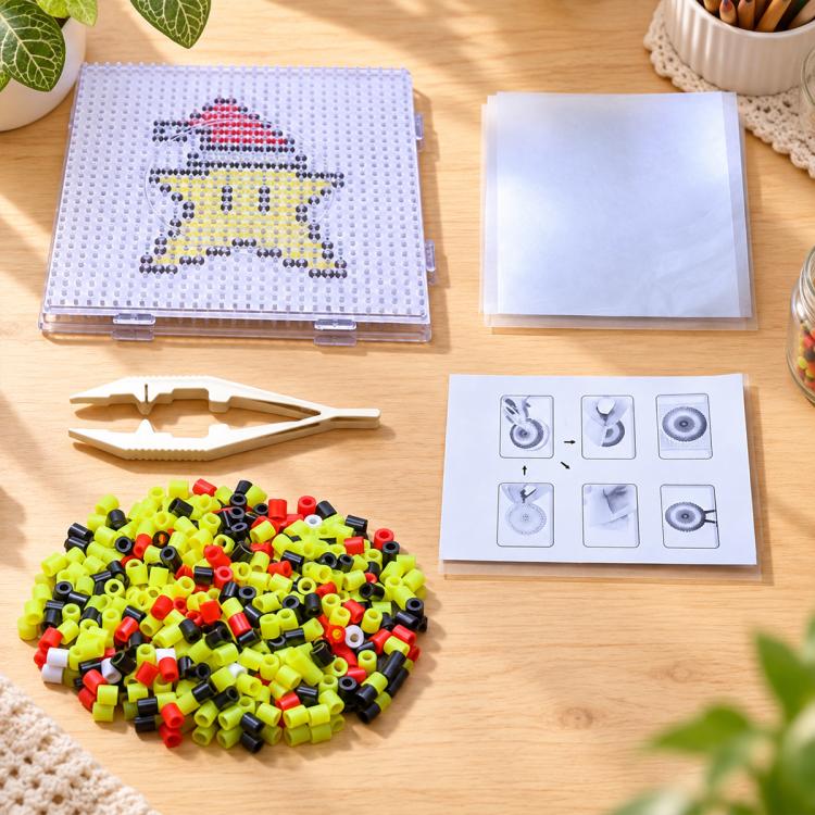 Christmas star fuse bead pattern board with multicolor beads and clear ironing paper