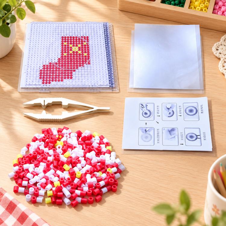 Christmas stocking fuse bead template board with red and white beads and guide card