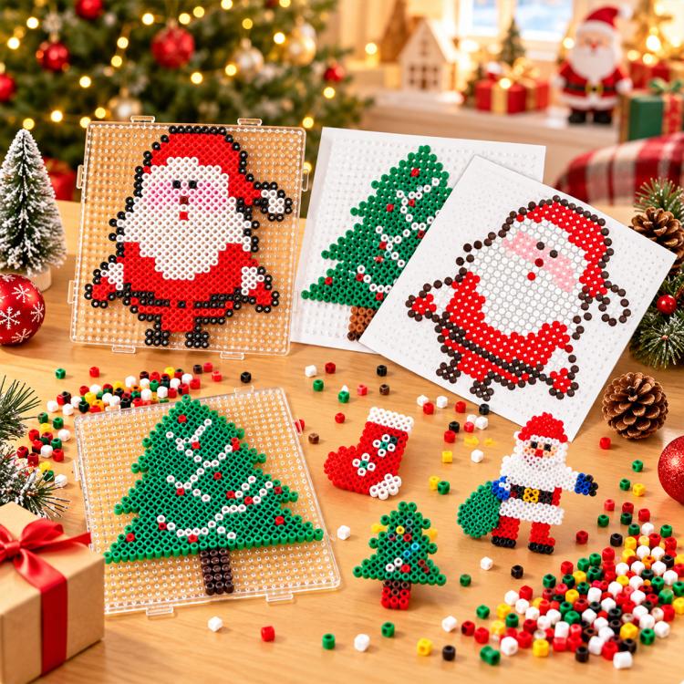 Christmas fuse bead designs on boards: Santa, tree, and snowman with loose beads