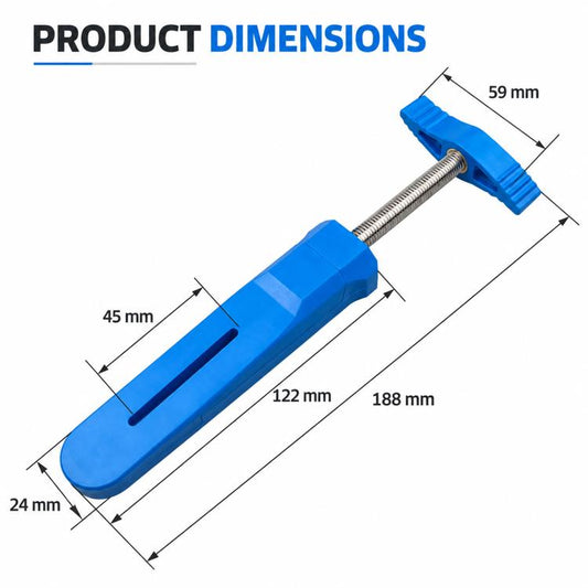 Blue brake caliper piston reset tool with threaded rod, shown with product size guide