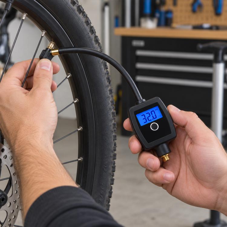 Digital tire pressure gauge with blue LCD reading, held to bicycle tire valve