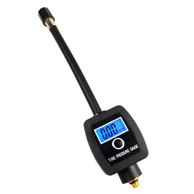 Digital tire pressure gauge with black body and blue LCD, with long valve adapter