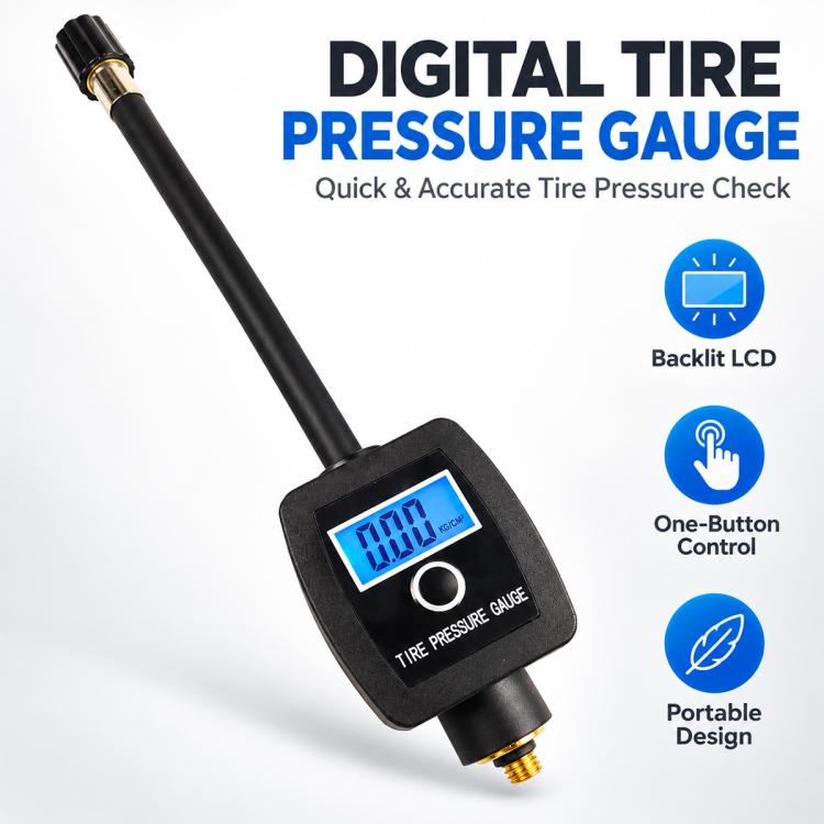 Digital tire pressure gauge with blue backlit LCD, black housing and extended tube