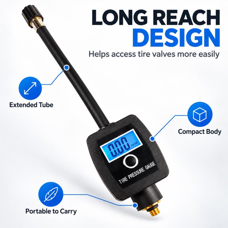 Digital tire pressure gauge with extended tube, blue LCD, compact black body
