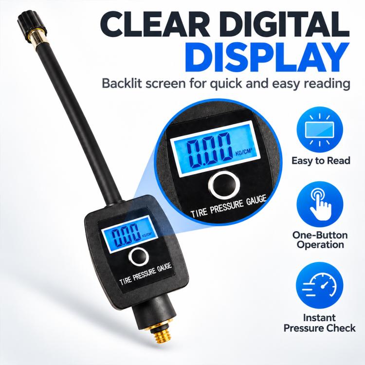Digital tire pressure gauge with blue backlit screen, black housing and round control