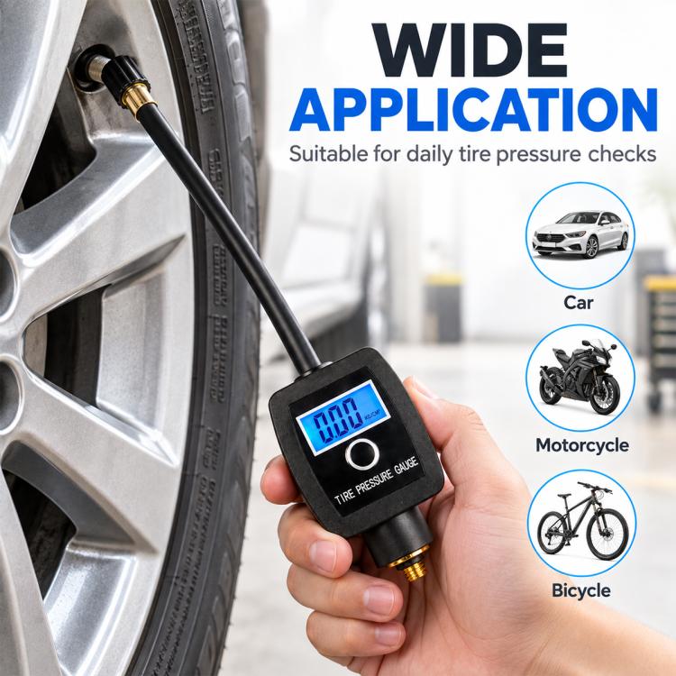 Digital tire pressure gauge held to a tire valve on a car wheel, blue LCD display