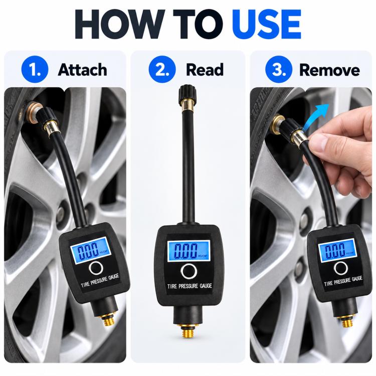 Digital tire pressure gauge shown on wheel for attaching and reading, blue LCD