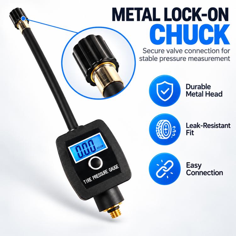 Digital tire pressure gauge with metal lock-on chuck, blue LCD, black housing