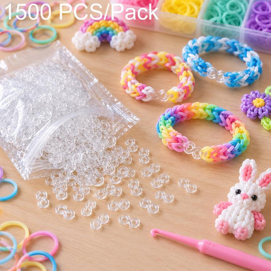 S-clip accessory pack with clear clips, rainbow loom bracelets, and pink hook tool, 1500 pcs