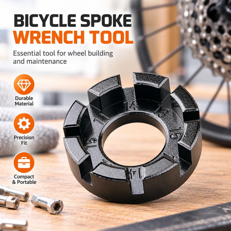 Black multi-size bicycle spoke wrench with labeled hex slots around the circular opening