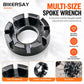 Bicycle spoke wrench tool with multi-size hex markings and central circular opening