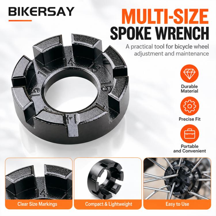 Bicycle spoke wrench tool with multi-size hex markings and central circular opening