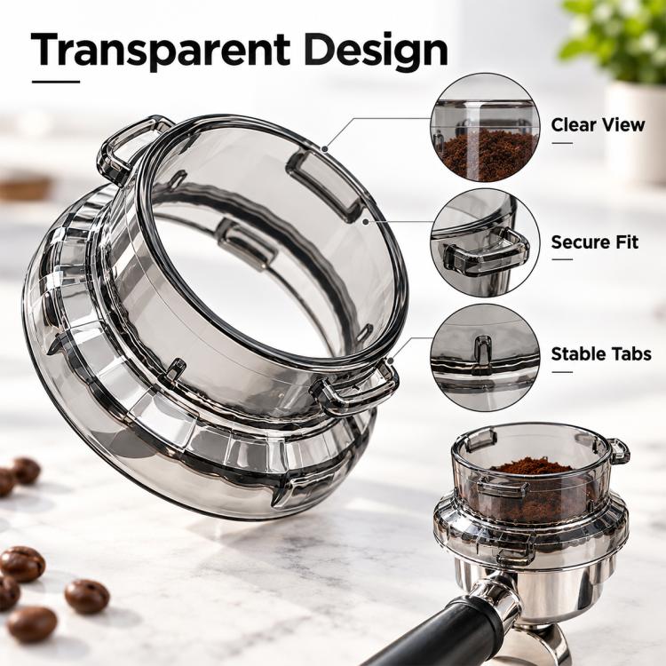 Transparent 54mm coffee dosing funnel with secure side tabs and stable base ring