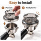 Clear 54mm coffee dosing funnel with snap tabs for easy installation, set on portafilter