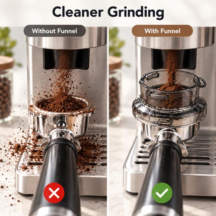 54mm coffee dosing funnel placed over grinder to reduce spills, clear anti-mess ring