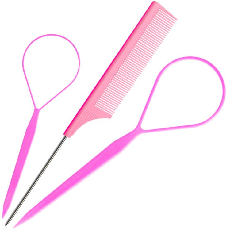 3 PCS/Set Steel-tail Highlight Comb & Topsy Tail Tool for Hair Braiding, Hook Tip, Flat Tip