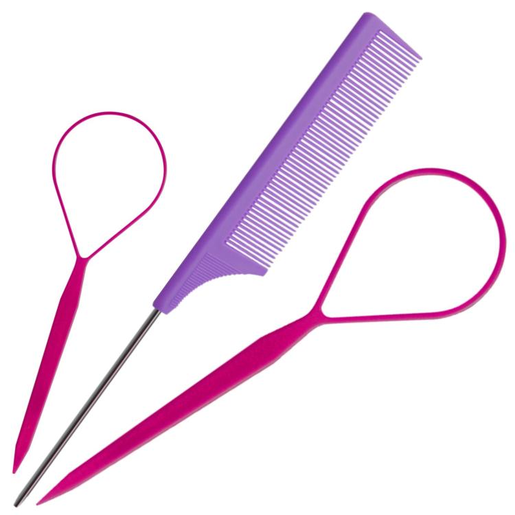 3 PCS/Set Steel-tail Highlight Comb & Topsy Tail Tool for Hair Braiding, Hook Tip, Flat Tip