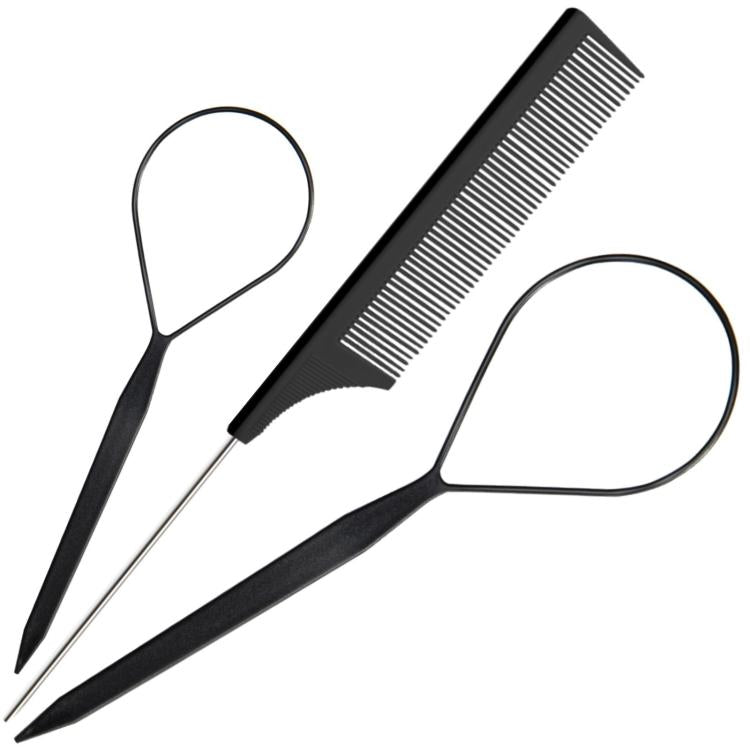 3 PCS/Set Steel-tail Highlight Comb & Topsy Tail Tool for Hair Braiding, Hook Tip, Flat Tip