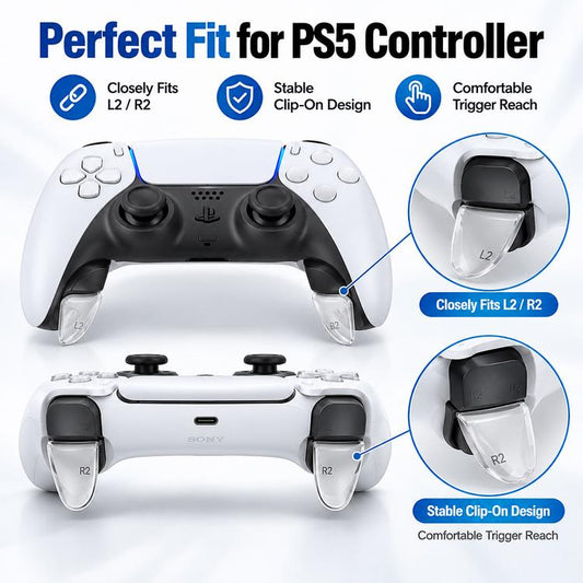 Clip-on PS5 trigger extenders with snug fit design, black and clear on controller
