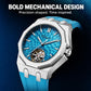 Men’s automatic skeleton watch with silver case, blue dial, blue silicone strap
