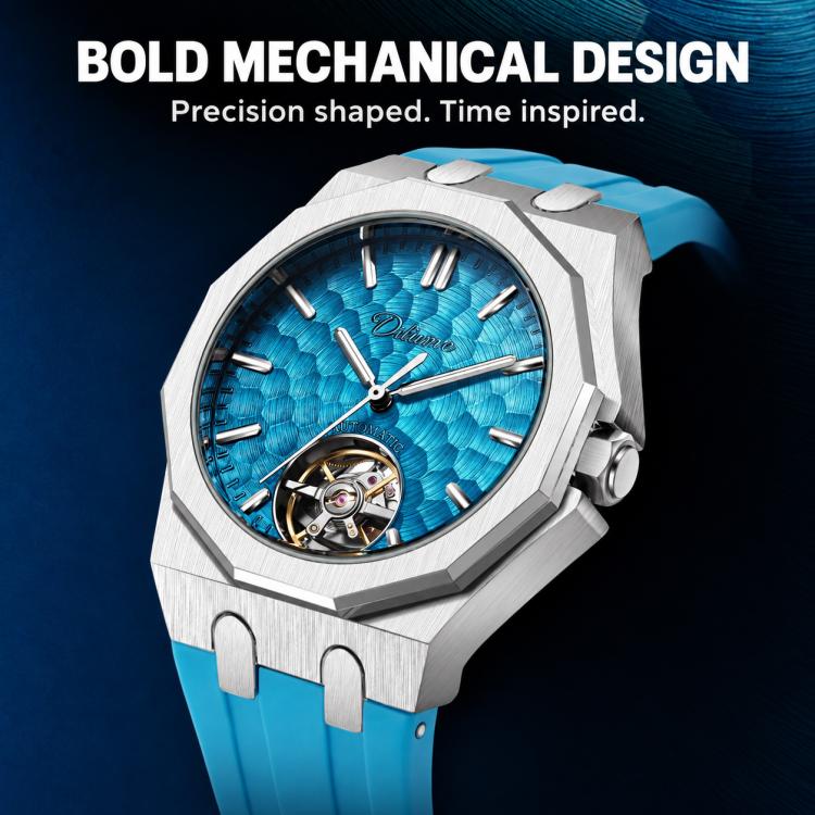 Men’s automatic skeleton watch with silver case, blue dial, blue silicone strap