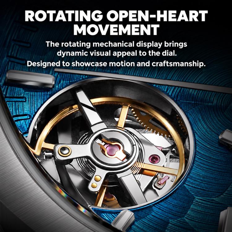Automatic skeleton watch movement view with visible gears and open-heart mechanism